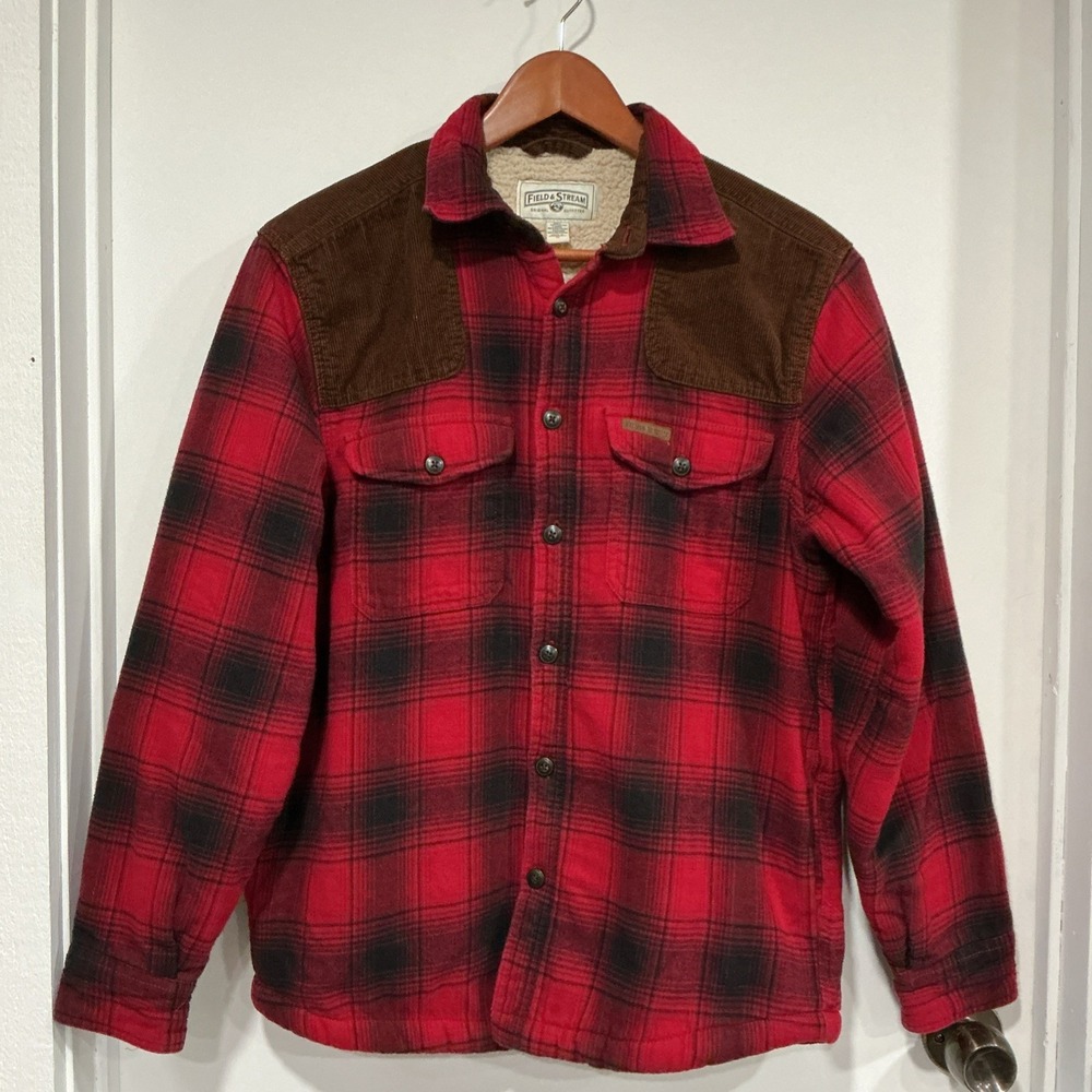 Field & Stream Plaid Flannel Sherpa Lined Shacket, Red, Corduroy Shoulders, S